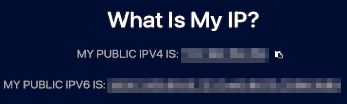 A screenshot from a website that shows your public IPV4 and IPV6 IP addresses.