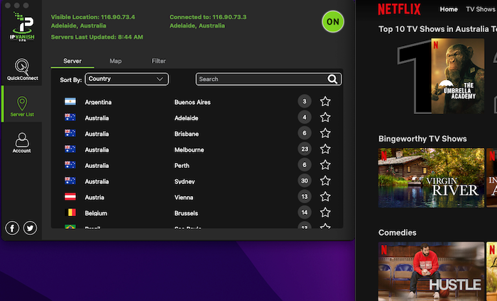 Our IPVanish let us connect to an Adelaide, Australia, server and watch Australian Netflix shows with no problem.