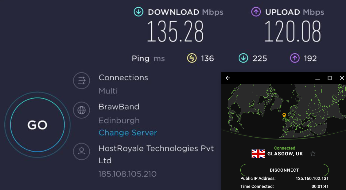 Our speed test results with IPVanish connected to a Glasgow, Scotland, server didn't change our download or upload speeds much at all.
