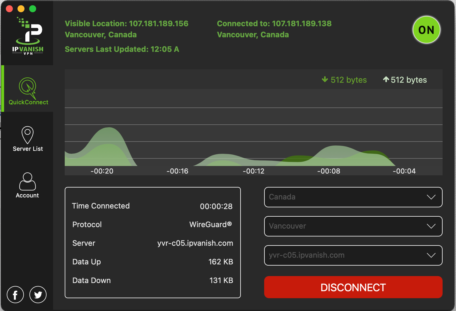 A desktop view of the IPVanish VPN interface. The UI looks dated, with green text on a black and dark gray background, large buttons, and a graph showing download and upload speeds.