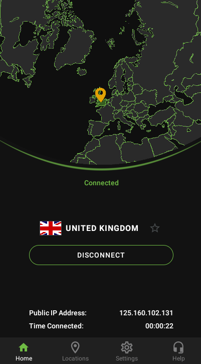 A view of the IPVanish VPN interface on mobile. It shows we're connected to a server in the UK. The mobile view feels more modern and intuitive than the desktop view.
