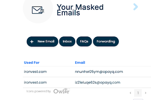 A list of masked email addresses created by IronVest.