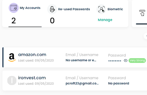 List of passwords saved on IronVest as well as a strength evaluation.