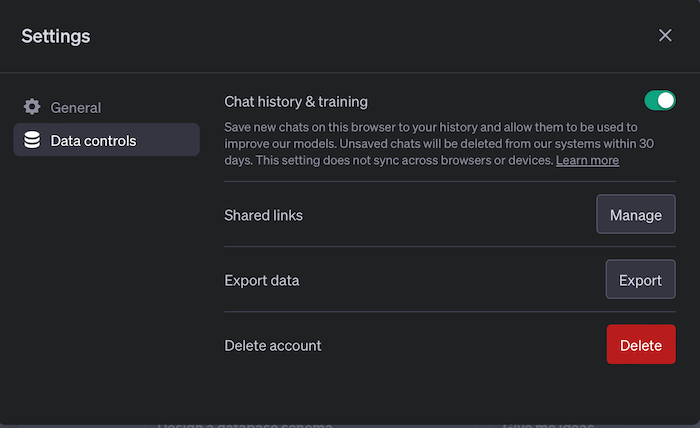 You can delete your ChatGPT data in the web app by clicking your profile (email address) and opening Data controls in the Settings.