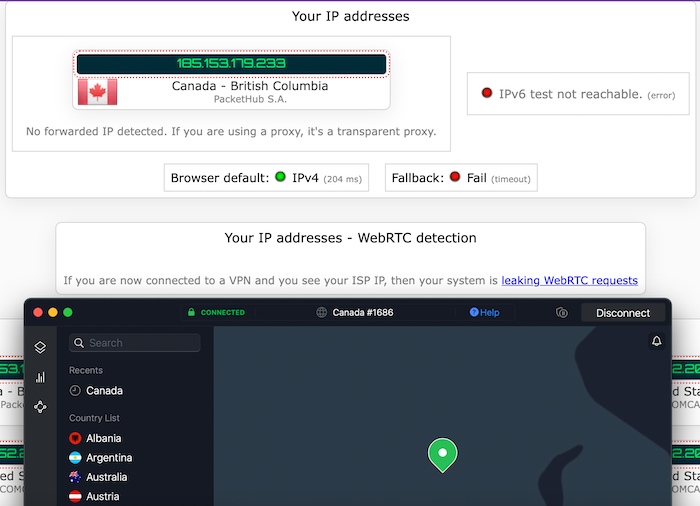 When we connected to a NordVPN server in Vancouver, Canada, we no longer had a WebRTC leak.