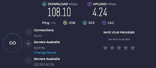 Our Ivacy VPN speed test when connected to an Australian server saw 108 Mbps download speeds and 4 Mbps upload speeds.