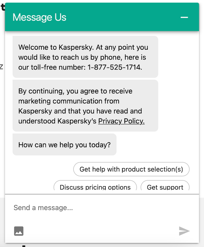 We tried out the chatbot and live chat feature on Kaspersky's support site.