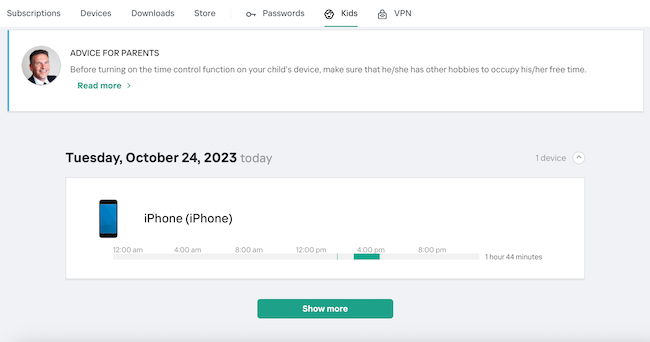 Screenshot of Kaspersky Safe Kids phone monitoring