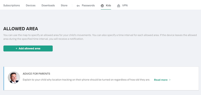 Screenshot of Kaspersky Safe Kids geo-fencing and allowed areas features
