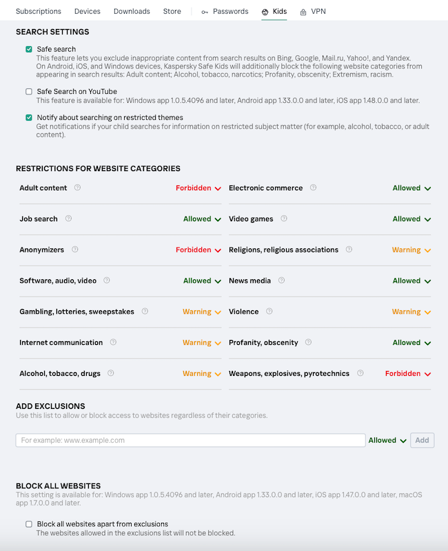 Screenshot of Kaspersky Safe Kids search settings and restrictions for website categories