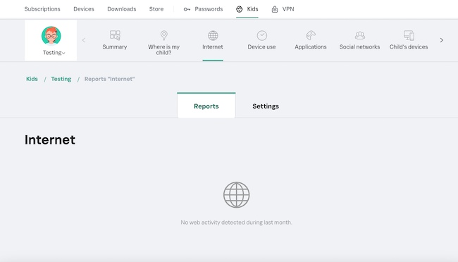 Screenshot of Kaspersky Safe Kids internet report