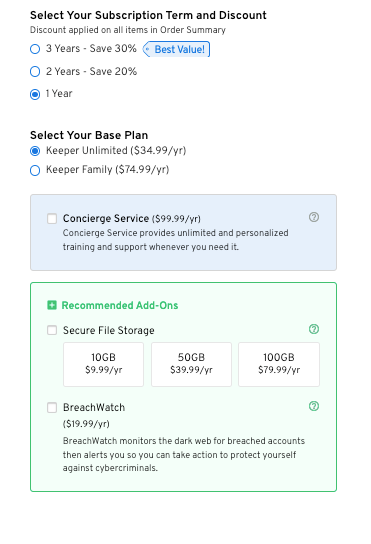 Add-ons for Keeper's paid plans and their pricing, including 24/7 customer support, file storage, and dark web monitoring.