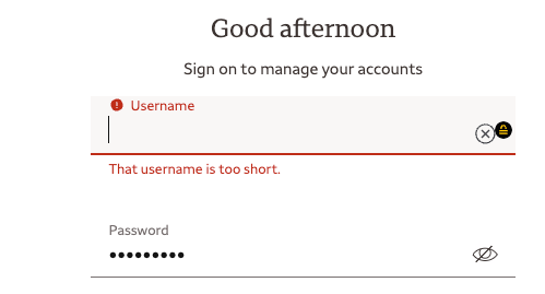 An online banking account page with the autofill only working on the password.