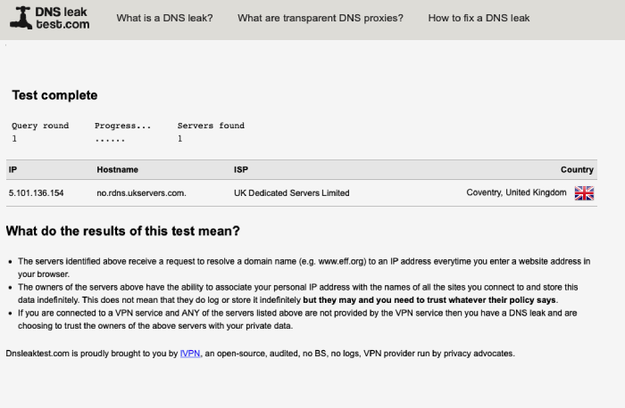 DNS leak test results for KeepSolid VPN Unlimited.