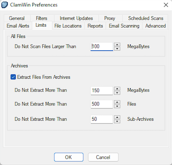 ClamWin antivirus's Limits preferences