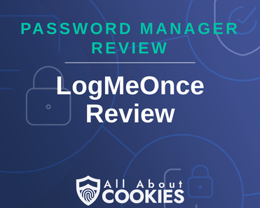 A blue background with images of locks and shields with the text &quot;LogMeOnce Review&quot; and the All About Cookies logo. 