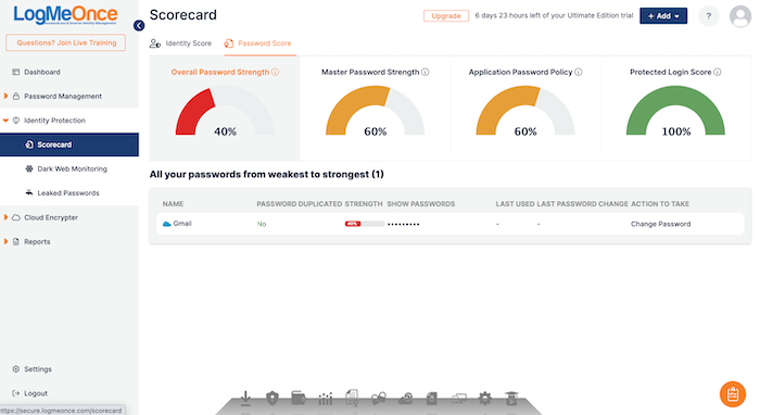 The LogMeOnce dashboard shows your overall password strength and whether any passwords were leaked in data breaches.