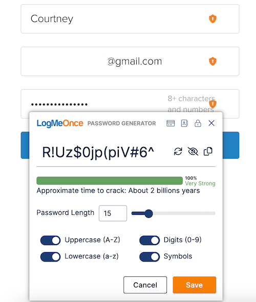 LogMeOnce takes the guesswork out of creating a strong password with its password generator that helps you see how difficult your password is to hack.