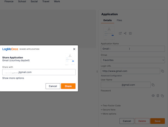 LogMeOnce offers two ways to share passwords: with family sharing and by sharing passwords directly through the vault (pictured).