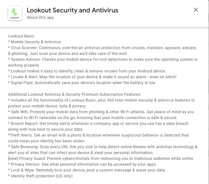 The Lookout Mobile Security app description and list of features for its basic and premium plans.