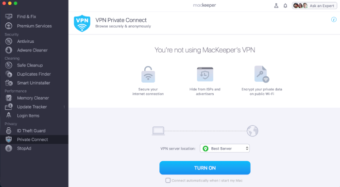 MacKeeper's built-in VPN, VPN Private Connect.