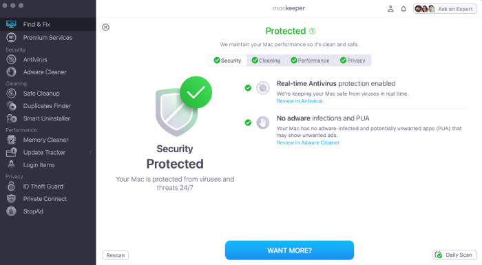 MacKeeper's real-time protection results, detecting no adware infections.