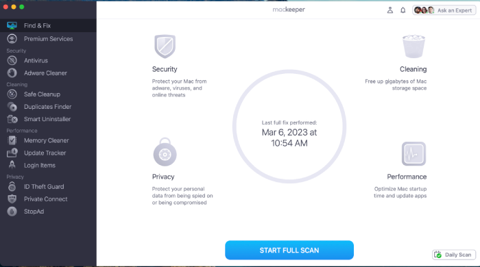 The MacKeeper user interface indicating the last fix performed.