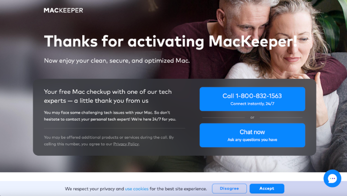 MacKeeper's thank you for activating page with customer support options via phone and chat.