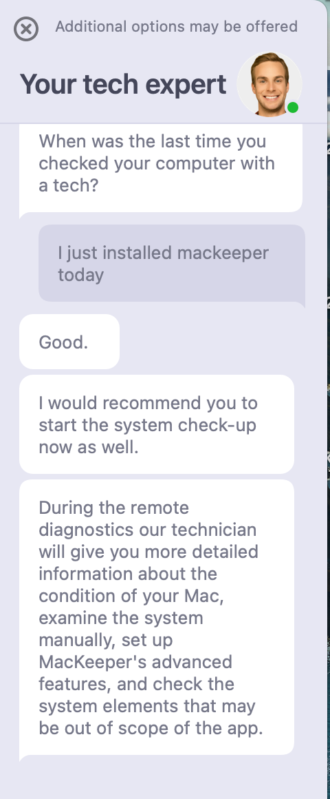 A customer support chat with a tech expert from MacKeeper.
