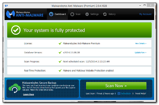 A screenshot of the Malwarebytes Anti-Malware dashboard showing that the user's system is fully protected