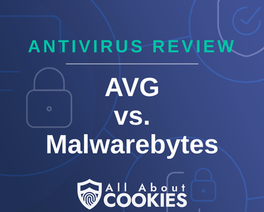 A blue background with images of locks and shields with the text &quot;AVG vs Malwarebytes&quot; and the All About Cookies logo. 