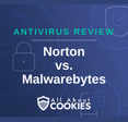 A blue background with images of locks and shields with the text &quot;Norton vs. Malwarebytes&quot; and the All About Cookies logo. 