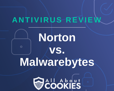 A blue background with images of locks and shields with the text &quot;Norton vs. Malwarebytes&quot; and the All About Cookies logo. 