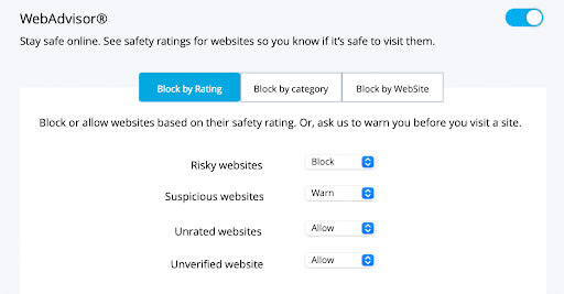 The McAfee WebAdvisor block by rating page.