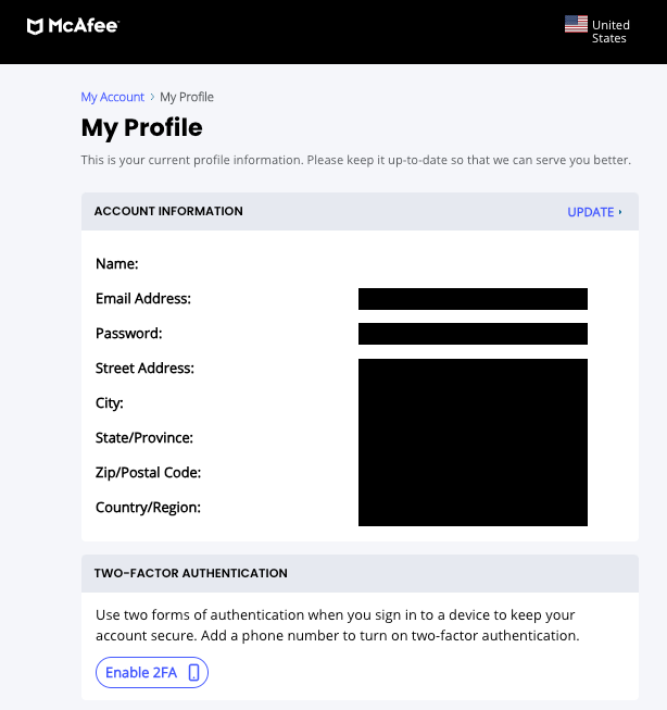 McAfee profile setup page with account information and two-factor authentication.