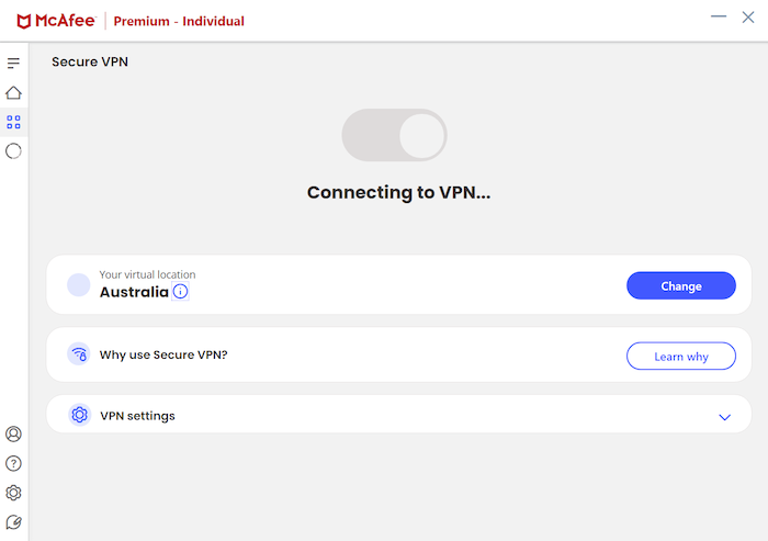 While we were running speed tests, the VPN refused to connect to an Australian server. We had to close and reopen the McAfee dashboard several times before we could get it to connect.
