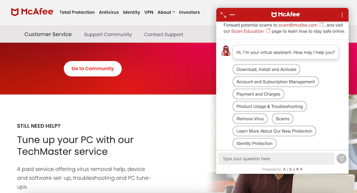 Instead of connecting us with a live agent, McAfee sent us back to its support page to scroll through the help catalog.
