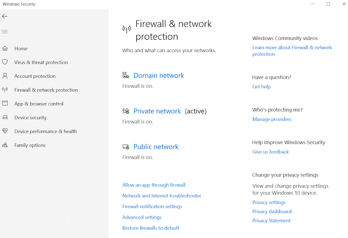 The Windows Defender firewall has 3 different configurations: domain network, private network, and public network.