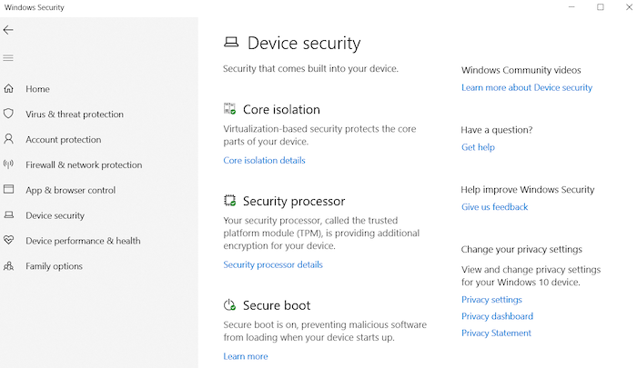 Microsoft Defender includes Device security tools like Core isolation, Security processor, and Secure boot.