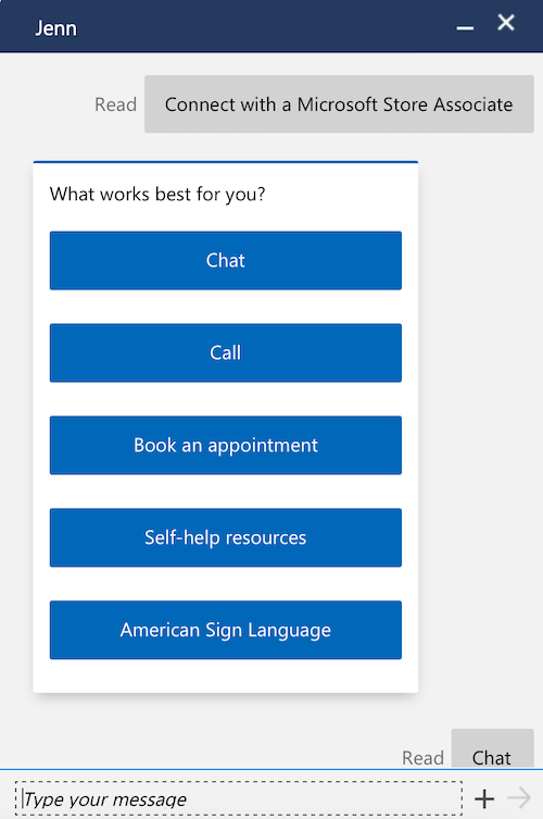 Microsoft's customer support options within the Microsoft Defender app include phone, chat, appointments, self-help, and American Sign Language.
