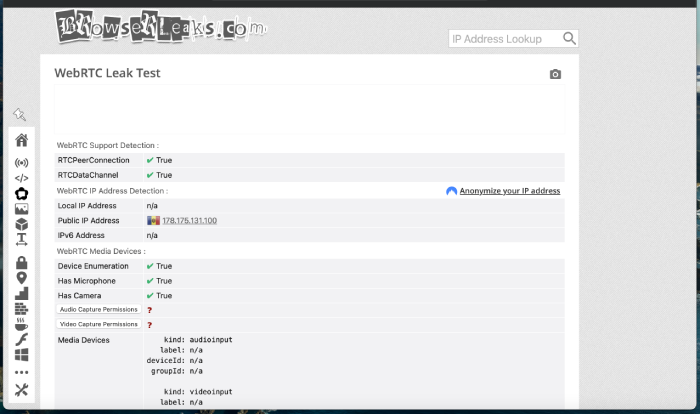 The page with the results for a WebRTC leak test.