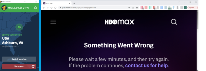 Mullvad VPN didn't unblock HBO Max for us and we saw an error message instead.
