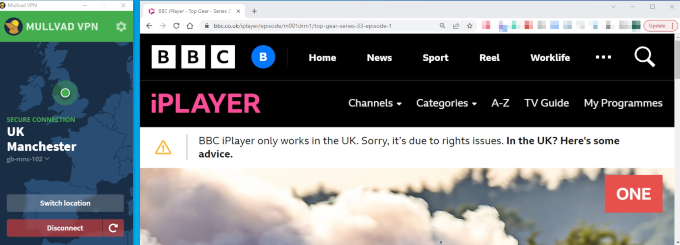 BBC iPlayer seemed to know we weren't located in the UK when we tried to load it while connected to Mullvad. It wouldn't allow us to load any shows.