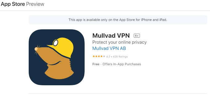 The Mullvad iOS app has more than 400 ratings and 4.2 out of 5 stars.