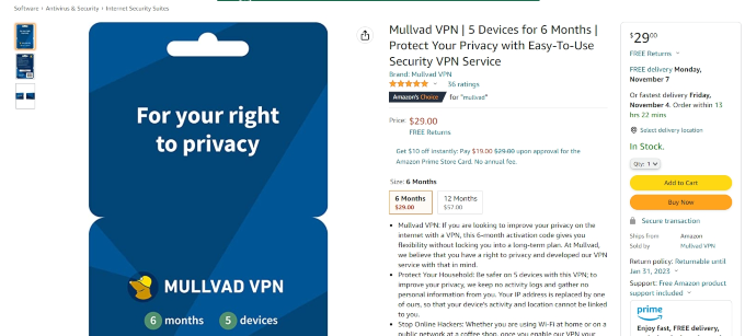We found Mullvad VPN vouchers on Amazon for $29 for six months of service.