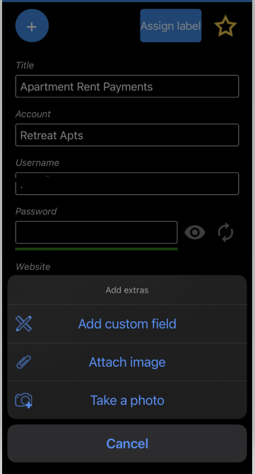 A pop-up offering to add custom fields or images to a password entry.