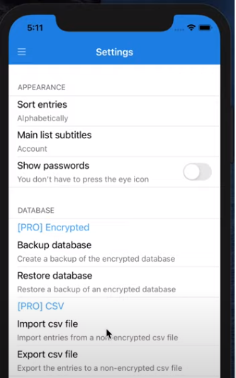 My Passwords's available password sharing options (encrypted database or import/export of CSV files).