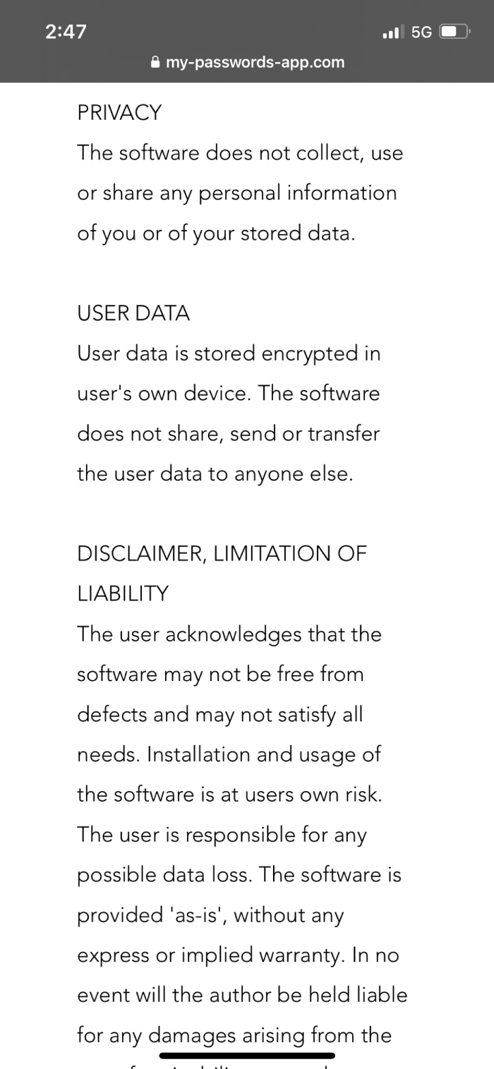 My Passwords's privacy policy and disclaimer.