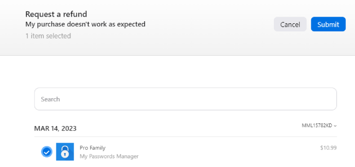 Apple's refund request page for the My Passwords's Pro Family plan.