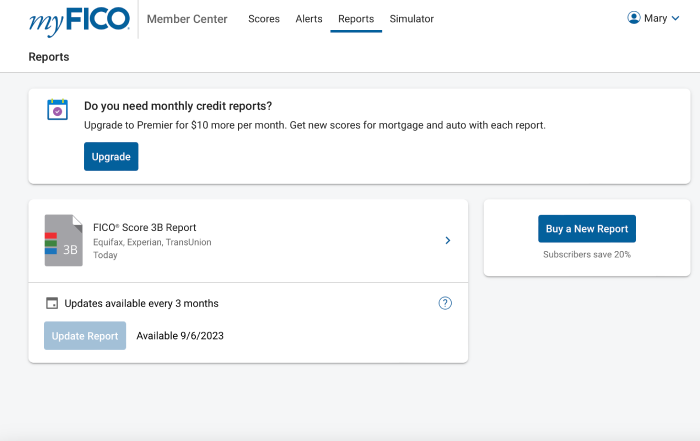 The myFICO dashboard on the reports tab with access to your latest credit report.
